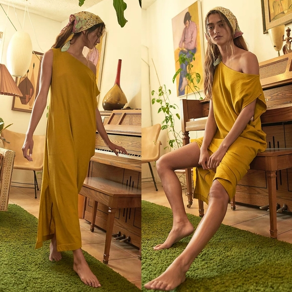 Free People Raquel Midi Dress Teen Spirit Mustard Yellow M Asymmetrical Maxi - Picture 2 of 16